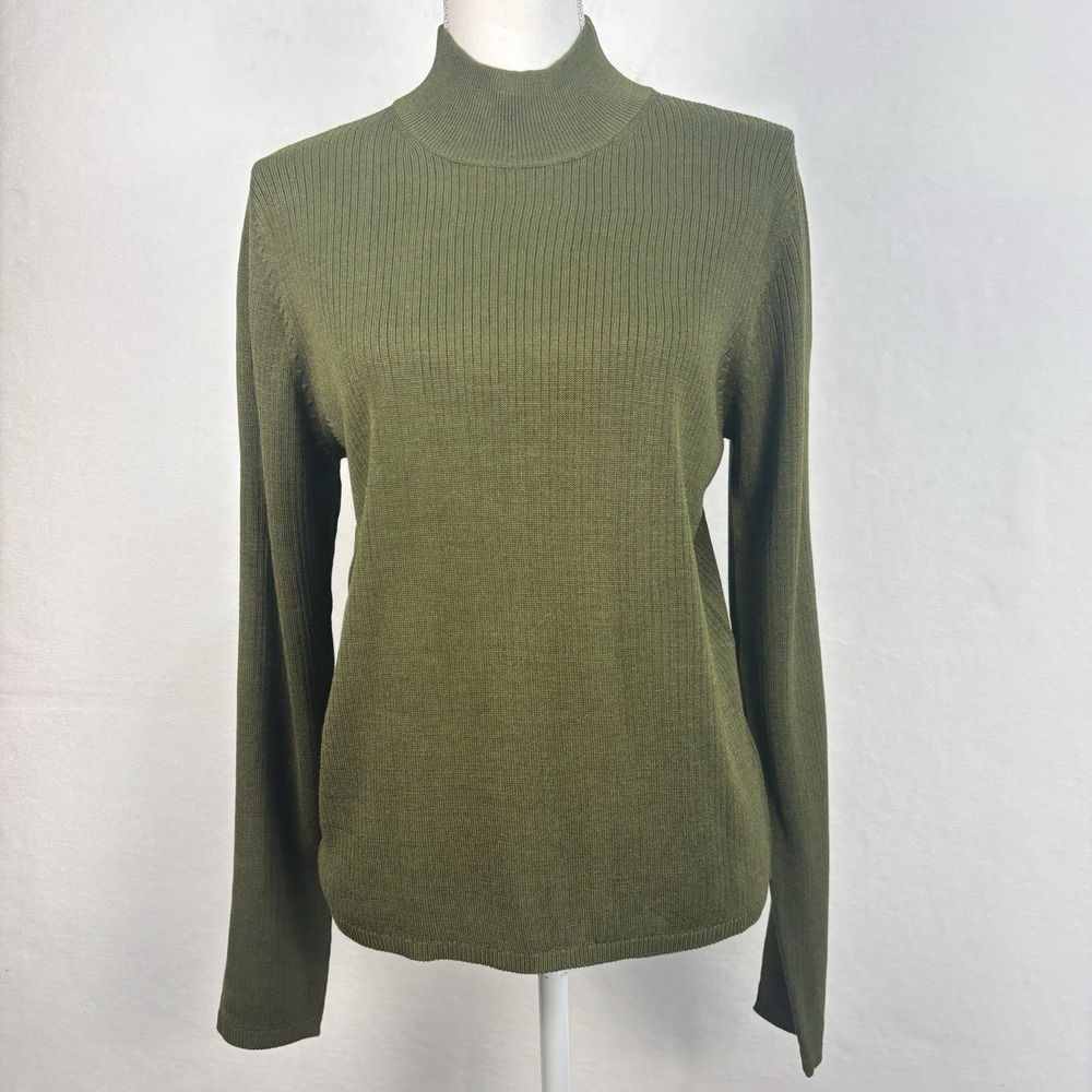 August Silk Women’s Thin Ribbed Sweater Dark Olive Green 100% Silk Mock Neck Lge